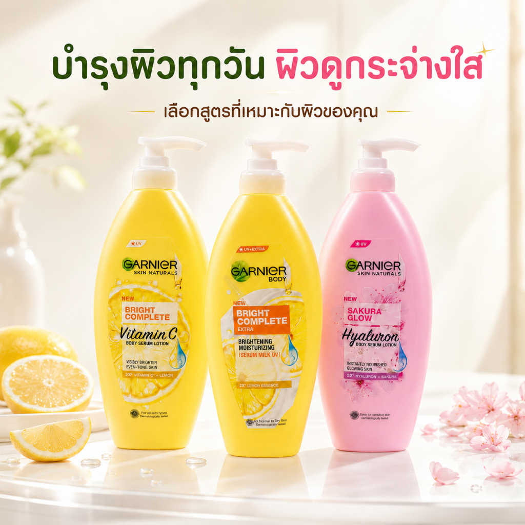โลชั่นบำรุงผิวกายแบบปั๊ม วิตามินซีและซากุระไฮยาลูรอน ผิวดูกระจ่างใส ชุ่มชื้น มี 3 สูตร การ์นิเย่ Body Serum Lotion