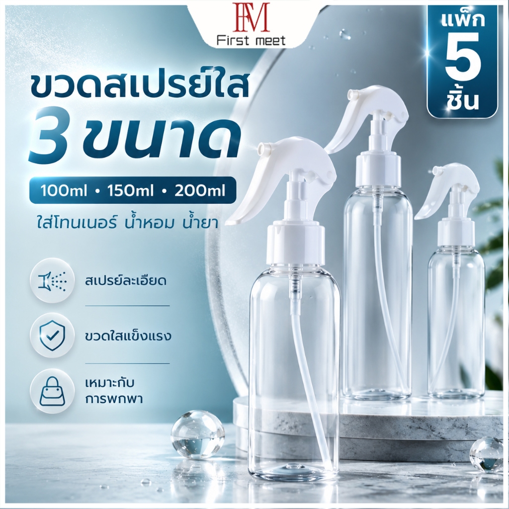 ขวดสเปรย์ใส 100ml 150ml 200ml แพ็ก 5 ชิ้น ขวดแบ่งใส่น้ำยา โทนเนอร์ น้ำหอม พกพาง่าย
