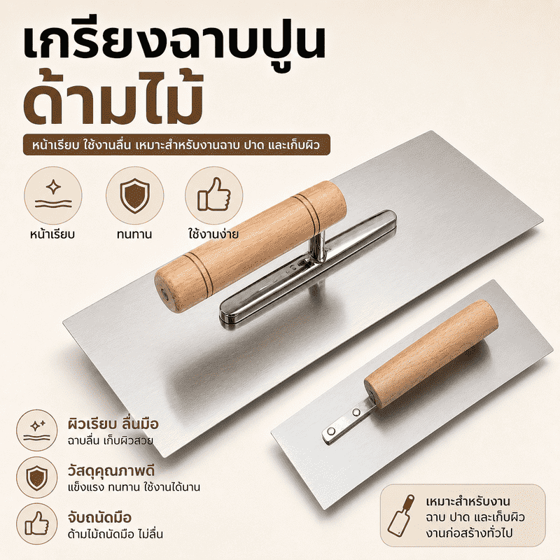 เกรียงฉาบปูนสแตนเลส ด้ามจับถนัด ใช้คล่อง แผ่นเหล็กเรียบ เหมาะสำหรับฉาบปูน ปาดปูน เก็บผิว งานก่อสร้าง งาน DIY