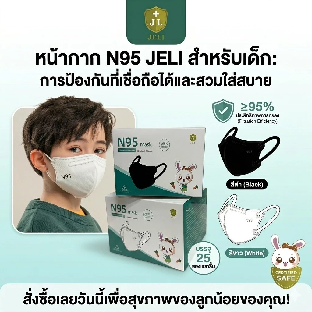 แมสเด็ก [1กล่อง25ชิ้น] แมสเด็ก KN95สีพื้น เหมาะสำหรับเด็ก 3-12ปี งานหนา5ชั้น กันฝุ่น กันPM2.5 มีสินค้าพร้อมส่ง