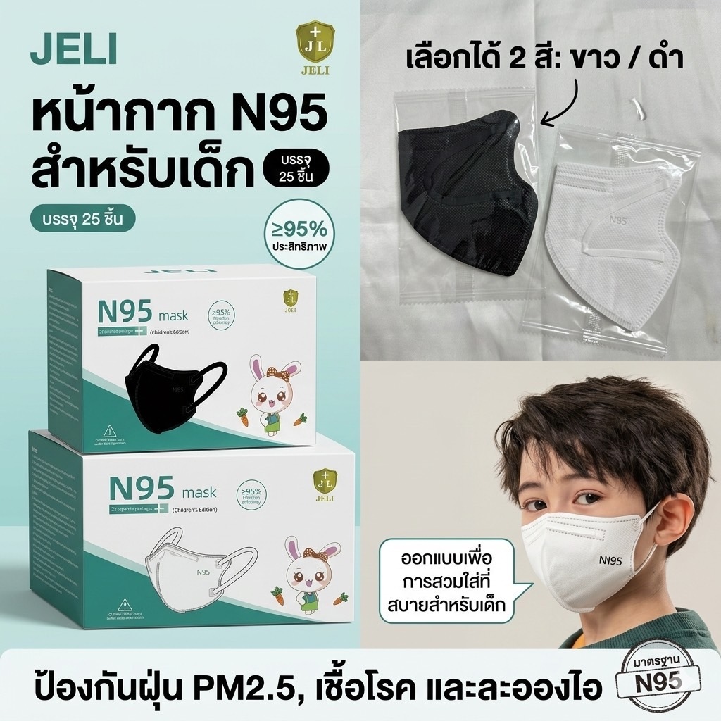 แมสเด็ก แบบกล่อง 1/25ชิ้น รุ่นKN95 สีพื้น หนา5ชั้น เหมาะสำหรับเด็ก3-12ขวบ มีสินค้าพร้อมส่ง