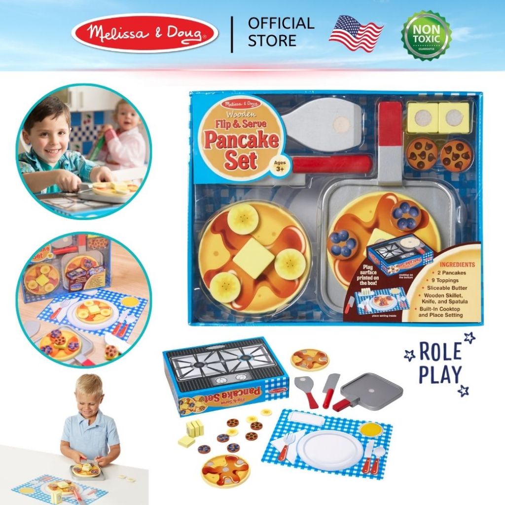 (ของแท้ USA) ชุดทำแพนเค้กไม้ ปิ้งย่าง ของเล่นทำอาหาร Wooden Flip and Serve Pancake Set Melissa & Doug ขนม ทำครัว 9342