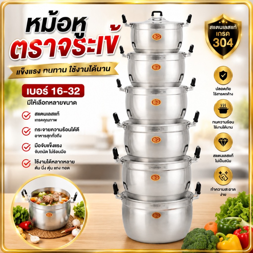 หม้อตราจระเข้ หม้อสองหู ตราจระเข้ อลูมิเนียม หม้อสเเตนเลส น้ำหนักเบา ใช้ได้ทั้งเตาแก๊สและเตาถ่าน ขนาด 16-32 ซม.