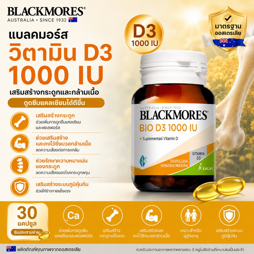 Blackmores Bio D3 1000 IU อาหารเสริมสำหรับสุขภาพกระดูก จำนวน 30 แคปซูล