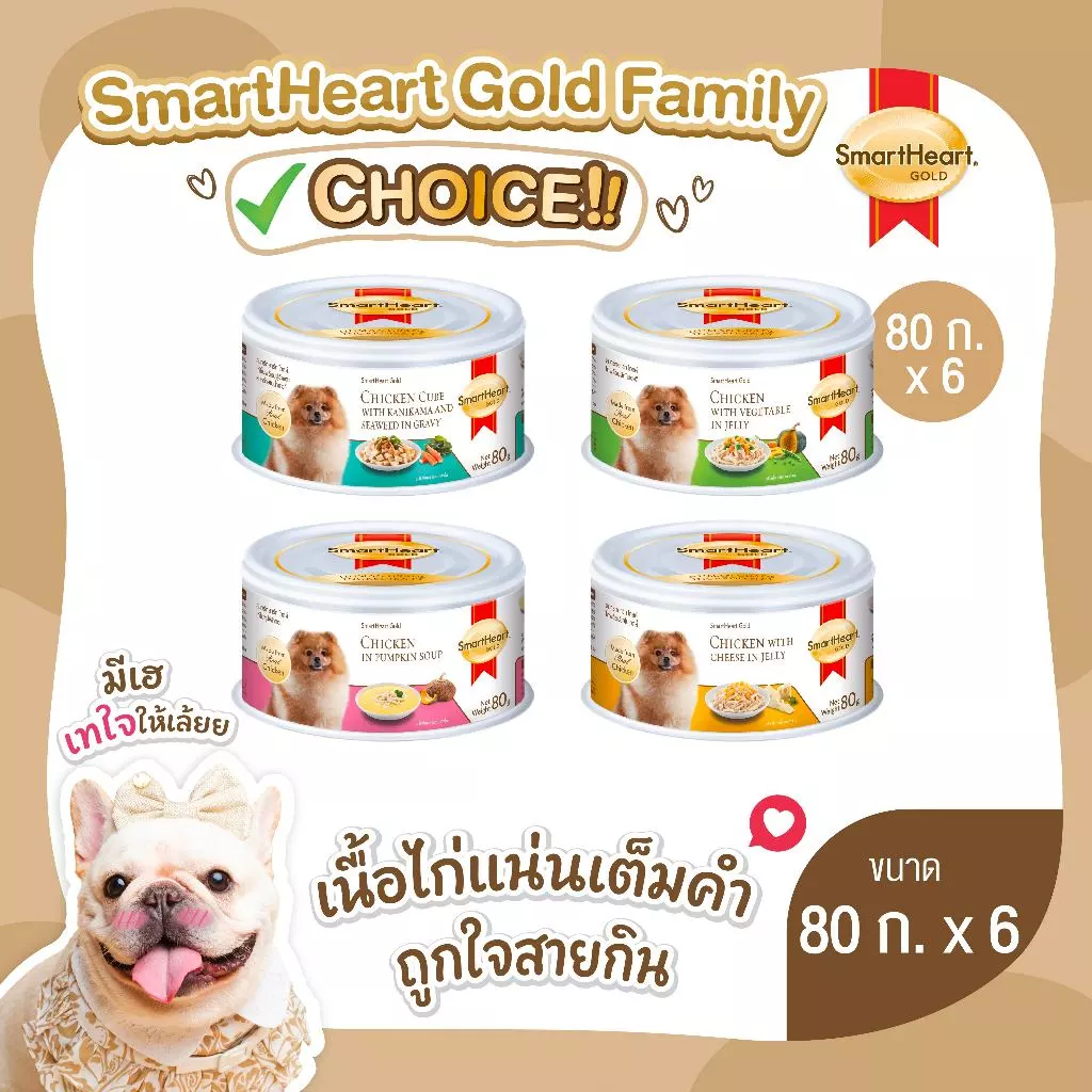(6 กระป๋อง) สมาร์ทฮาร์ท โกลด์ อาหารสุนัข ขนาด 80 กรัม