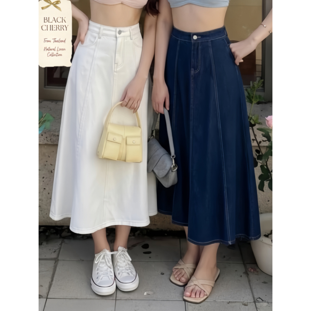 💙กระโปรงยาวเอวสูง กระโปรงยีนส์ ทรงเอต่อตะเข็บ พรางหุ่น  แฟชั่นผู้หญิง สไตล์เกาหลี | Black Cherry