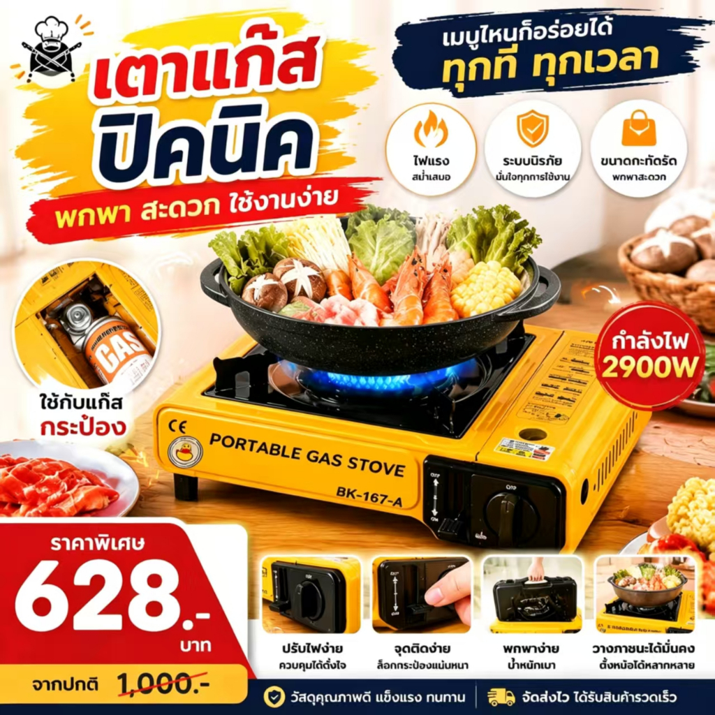 💥รับประกัน 4 ปี💥2900w🔥SMARTHOMEเตาแก๊สปิคนิค วาล์วปรับระดับแก๊ส น้ำหนักเบา เตาแก๊สพกพา เตา เตาแก๊สกระป๋อง