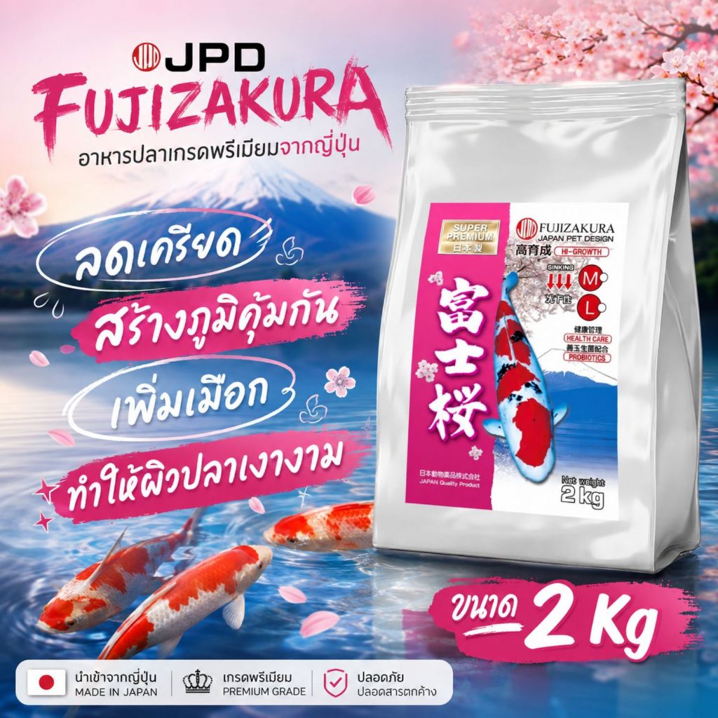 Fujizakura เม็ดลอย 2 KG อาหารปลาคาร์ฟนำเข้าญี่ปุ่น JPD เร่งโต ผสมวิตามินซี โปรตีน 37%