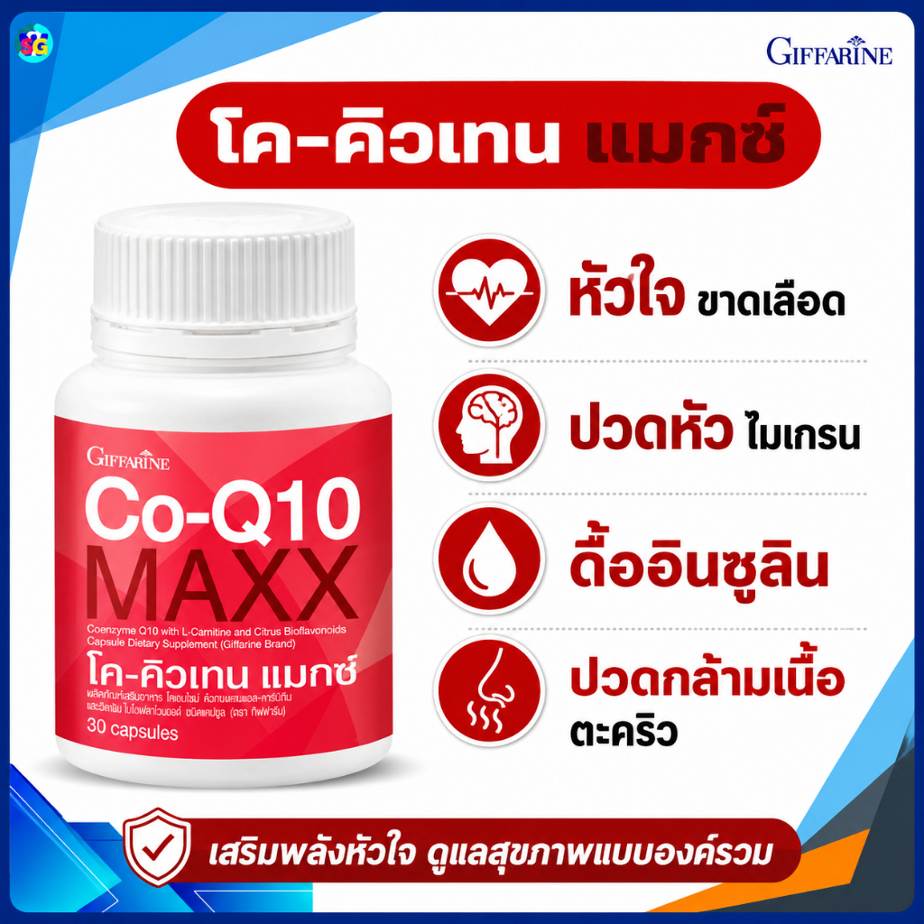 ปวดหัว ไมเกรน กล้ามเนื้ออ่อนแรง ตะคริว บำรุงหัวใจ เพิ่มพลังงาน CoQ10 Max โคคิวเทน กิฟฟารีน