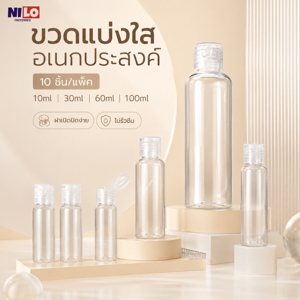 ขวดแบ่งใสอเนกประสงค์ 10 ชิ้น/แพ็ค 10ml 30ml 60ml 100ml ขวดพกพา ฝาเปิดปิดง่าย ไม่รั่วซึม