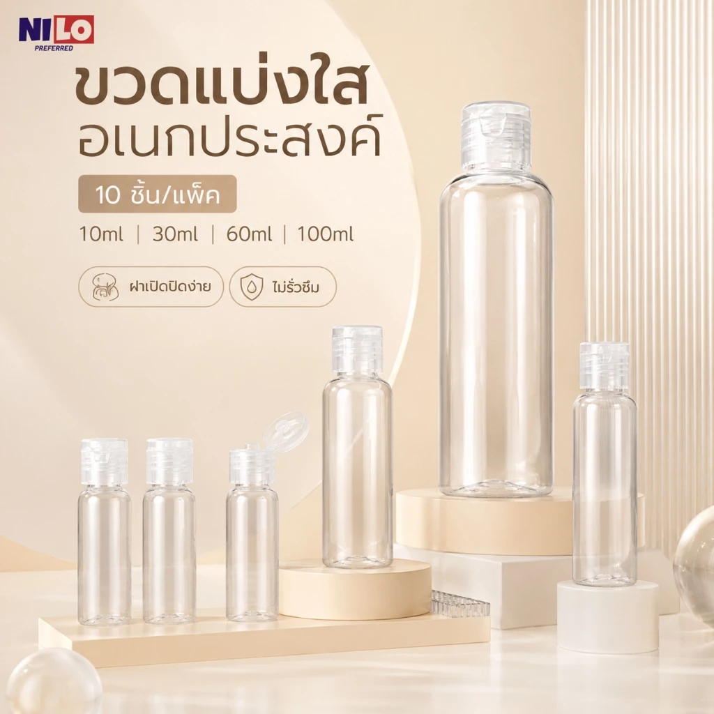 ขวดแบ่งใสอเนกประสงค์ 10 ชิ้น/แพ็ค 10ml 30ml 60ml 100ml ขวดพกพา ฝาเปิดปิดง่าย ไม่รั่วซึม