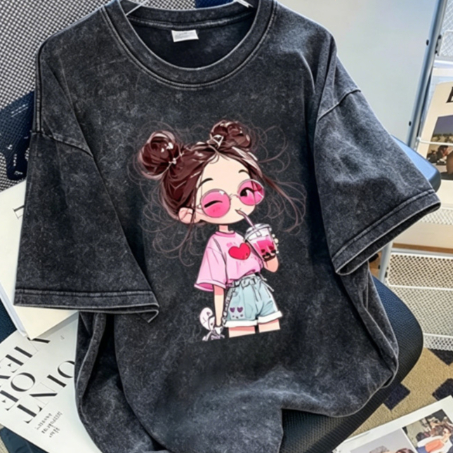 เสื้อยืดเด็กผู้หญิงเปิดเทอม ผ้าฟอกสไตล์วินเทจ ลายการ์ตูนสาวน่ารัก ผ้านุ่มใส่ไปโรงเรียน จัดส่ง24ชม 110-160