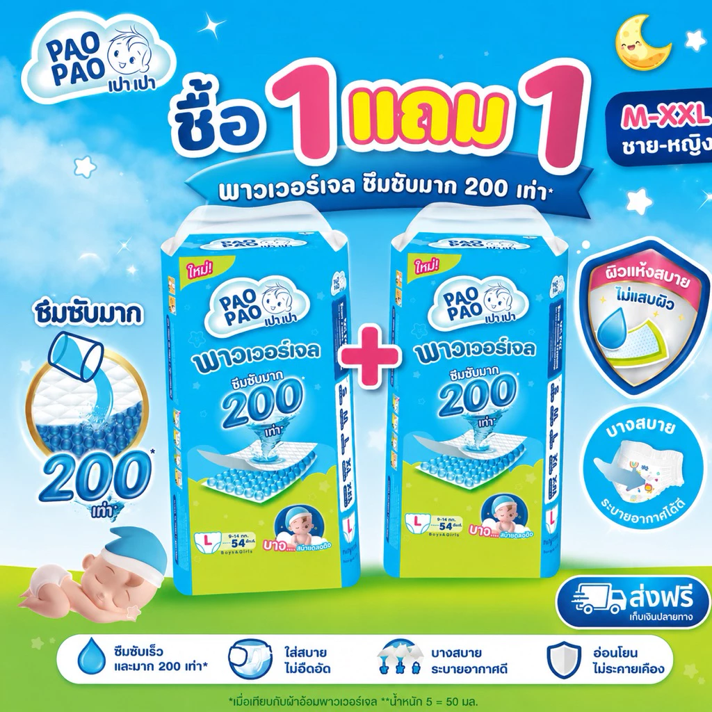 ( 1 แถม 1) PAOPAO เปาเปา ผ้าอ้อมเด็ก ขนาดจัมโบ้ - บาง ซึมไว ใส่สบายไม่ตุงก้น ด้วยพาวเวอร์เจล Size M-XXL
