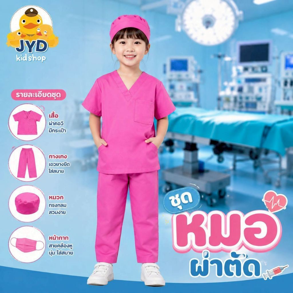(jyd) ชุดอาชีพเด็ก ชุดหมอผ่าตัดสีชมพู ชุดหมอเด็ก ชุดในห้องปฏิบัติการ ชุดหมอฟันเด็ก ชุดหมอผ่าตัดเด็ก