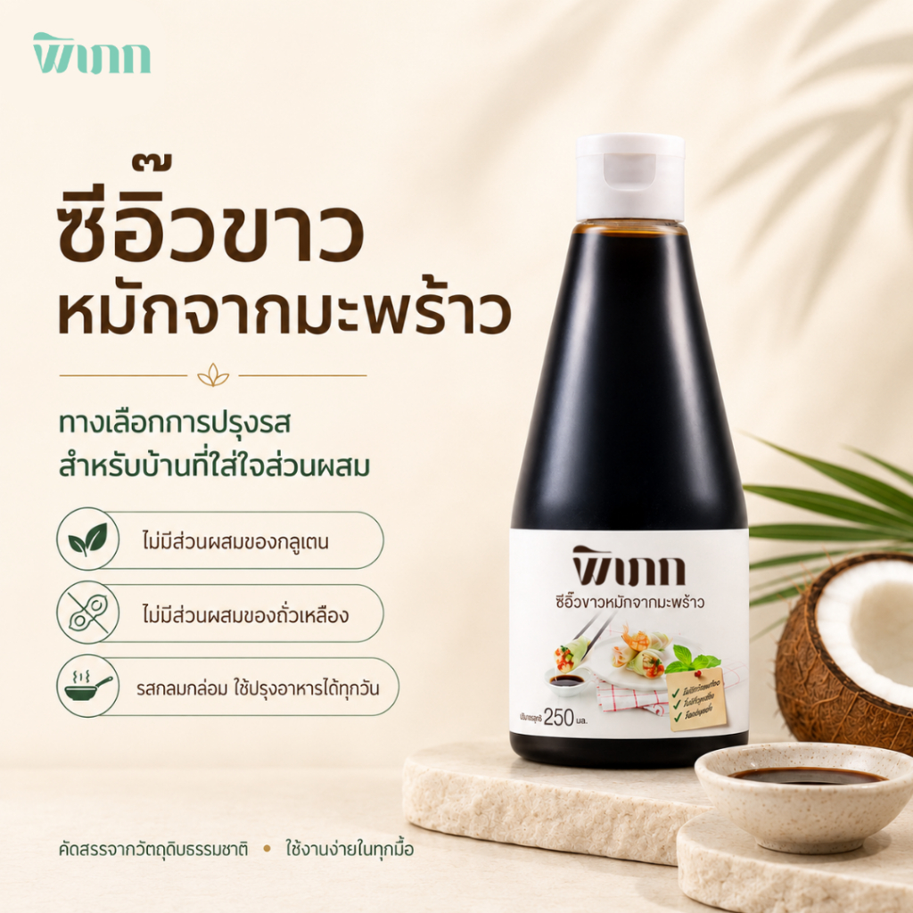ซีอิ๊วขาวหมักจากมะพร้าว พิเภก 250ml ไม่มีส่วนผสมของกลูเตนและถั่วเหลือง