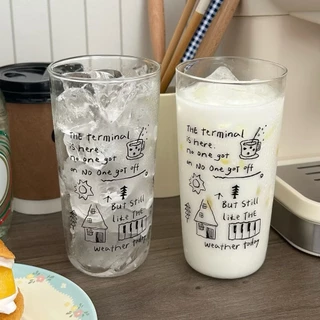 แก้วน้ำ สกรีนลาย แก้วใสทรงสูง สำหรับใส่เครื่องดื่ม ชา กาแฟ ลายมินิมอล เครื่องครัว แก้วอเนกประสงค์ ดีไซน์น่ารัก โฮมคาเฟ่