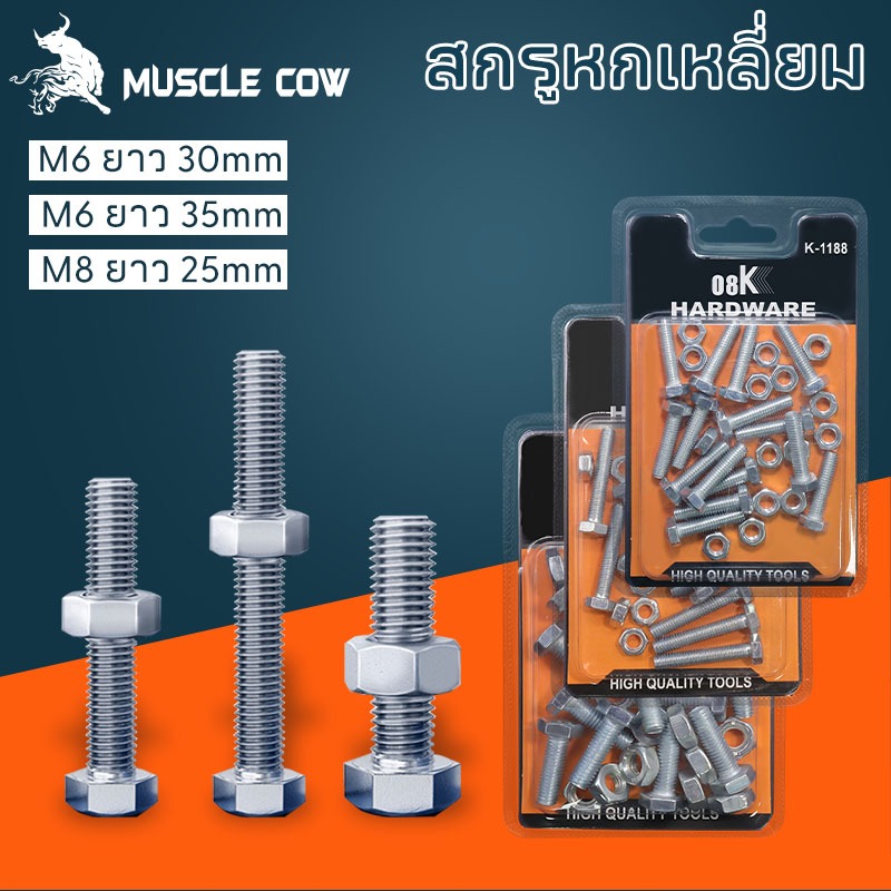 สกรูหกเหลี่ยม น็อตหกเหลี่ยม M6 พร้อมน็อตตัวเมีย (15ชิ้น/กล่อง.รวมหัวน็อต) มีหลายขนาด
