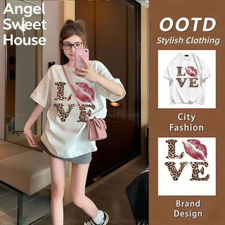 (จัดส่งตลอด 24 ชั่วโมง）Angle Official เสื้อยืดผู้หญิง Oversize Y2K สายฝอ Streetwear เสื้อแฟชั่นผู้หญิง L66