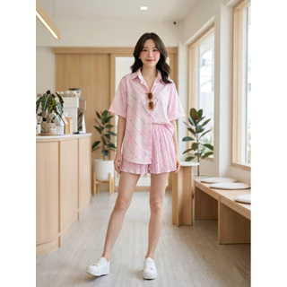 EM.HINT Hawaii set pleat ชุดเซต เสื้อฮาวาย พลีท free size อก44“