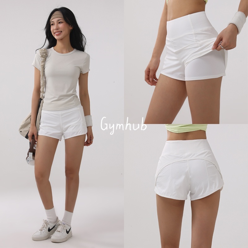 GYMHUB กางเกงขาสั้นโยคะผู้หญิง ปลอมสองชั้น มีซับใน เอวสูง ยืดสบาย ขาดูยาว เหมาะโยคะ ออกกำลังกาย เทนนิส
