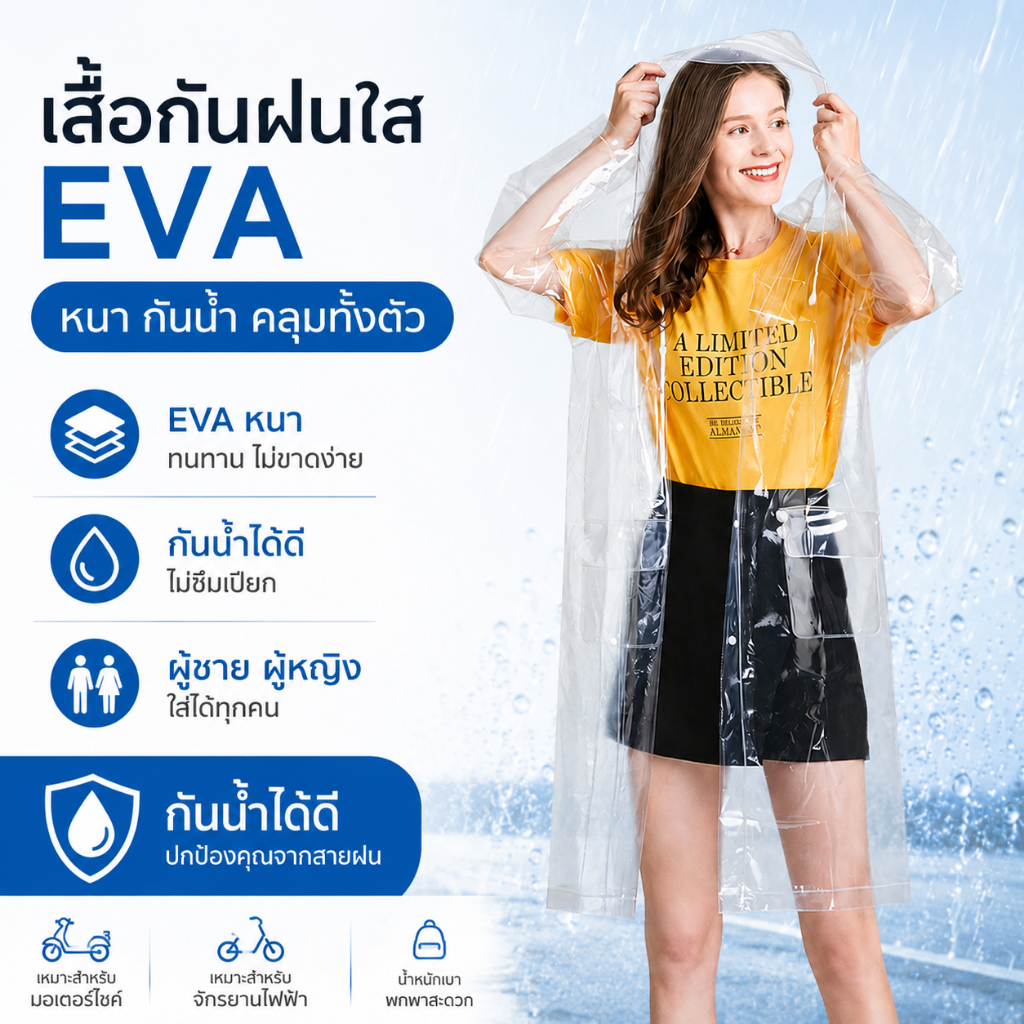เสื้อกันฝน EVA แบบใส หนา กันน้ำ ชุดกันฝนยาวคลุมทั้งตัว สำหรับขี่มอเตอร์ไซค์ ผู้ชาย ผู้หญิง