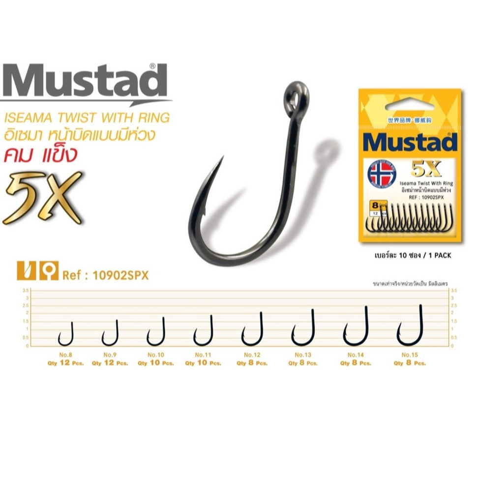 เบ็ด Mustad ISEAMA หน้าบิด มีห่วง คม แข็ง 5X เบ็ดมัสตาด อิเซมา