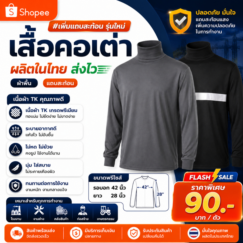 เสื้อคอเต่าชาย ​แขนยาว ก่อสร้าง ทำไร่ ทำสวน ประมง  แขนยาว ปลายแขนจั้ม ผ้า TK ขนาดฟรีไซ​ส์