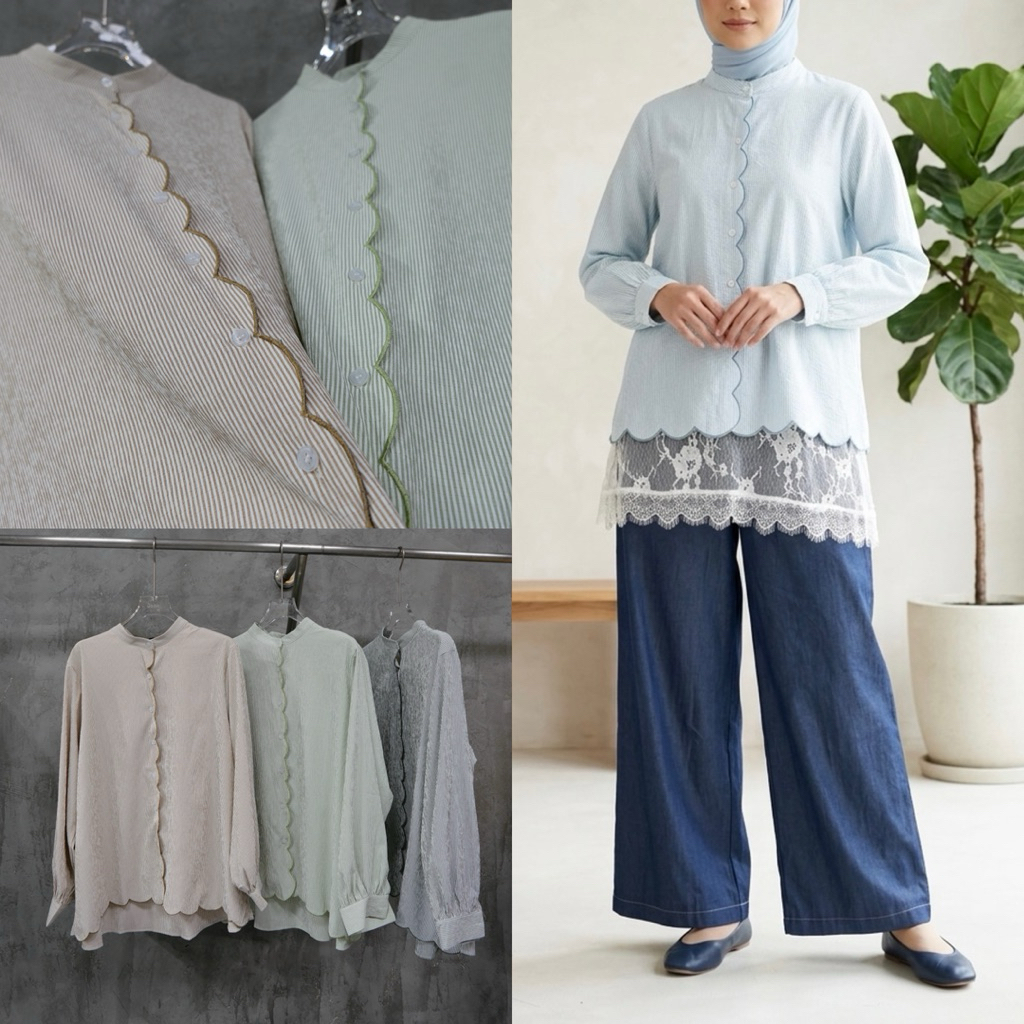 JAHA.U • NEW •พร้อมส่ง• BLOUSE SHIRT COTTON 🍃 เสื้อเชิ้ตเบลาส์ ลายริ้ว สาบกระดุม ทรงเสื้อหยักโค้ง มีไซส์เดียว ใส่สบาย