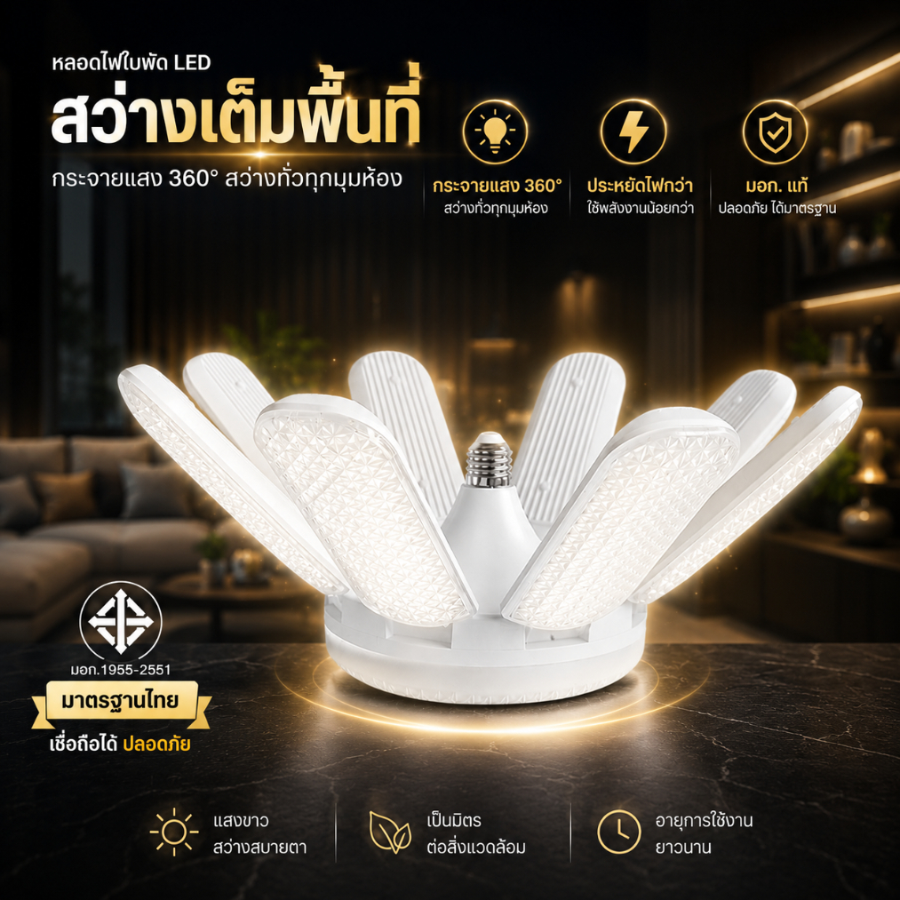 หลอดไฟ LED ทรงใบพัด พับเก็บได้ ประหยัดพลังงานไฟ หลอดเพชรแบบใหม่ ให้แสงสว่างมากกว่าเดิม หลอดไฟใบพัด LED BULB มอก. แท้