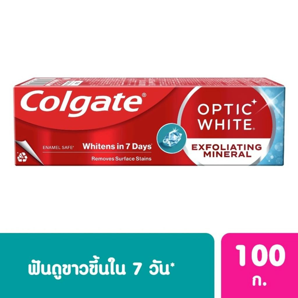 คอลเกต อ๊อพติค ไวท์ เอ๊กซ์โฟลิกเอตติ้ง มิเนอรัลขนาด 100 กัม หมดอายุ 29/04/28