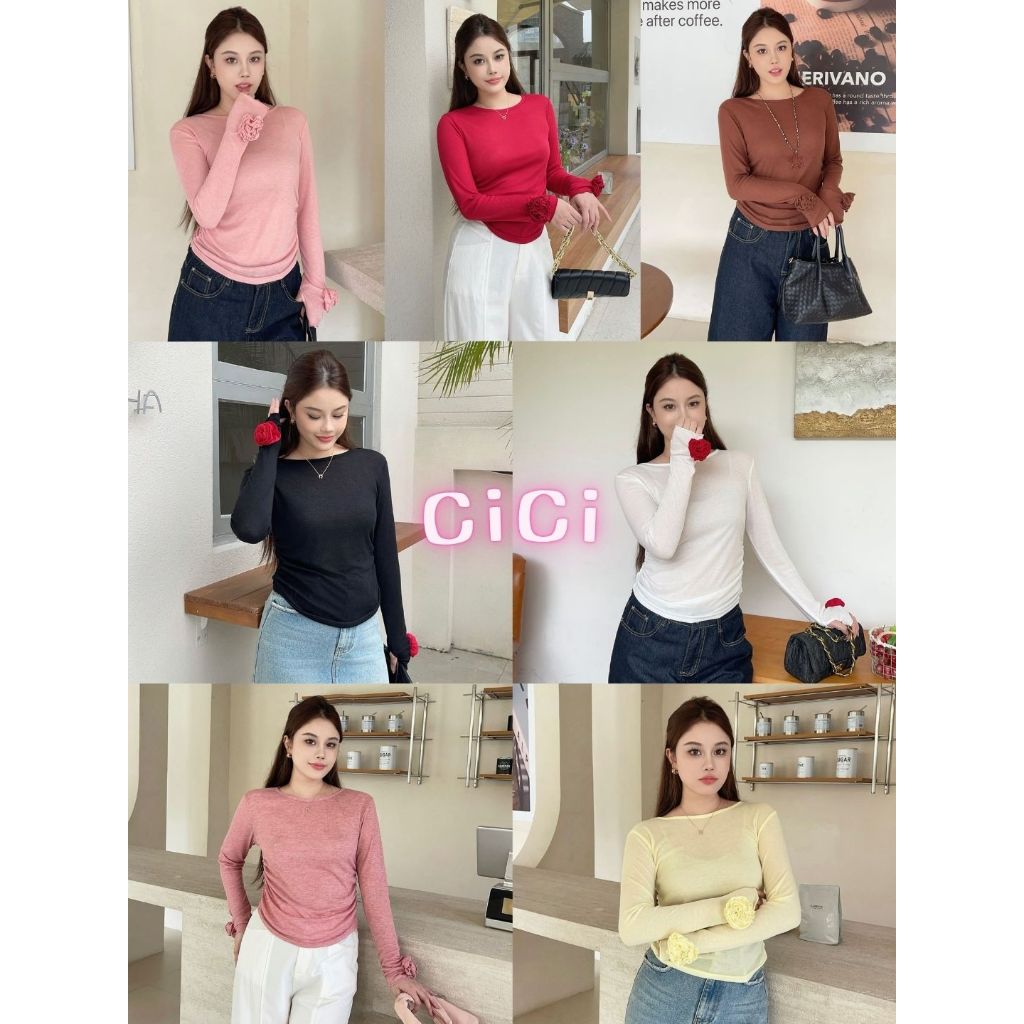 ส่งทันทีCici (No. J2699) เสื้อแขนยาวสีพื้น แต่งดอกกุหลาบปลายแขน ดีเทลรูดข้างทรงสวย ผ้ายืดใส่สบาย ลุคลูกคุณหนูเกาหลี