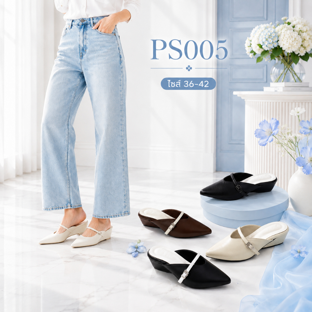 PASH  PS005 รองเท้าเปิดส้น(ส้นเหลี่ยม)ทรงหัวเรียว รองเท้าส้นสูง 1.5 นิ้ว ไซส์ 36-42