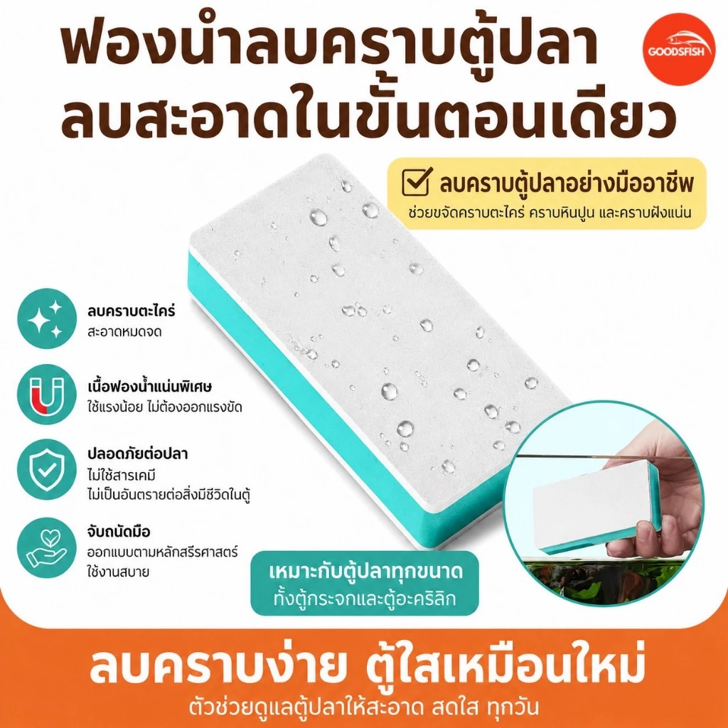 ฟองน้ำขัดตู้ปลา แผ่นขัดคราบตะกรันตู้ปลา ทำความสะอาดตู้ปลา ที่ขัดตระไคร่น้ำ คราบน้ำฝังแน่นออกยาก