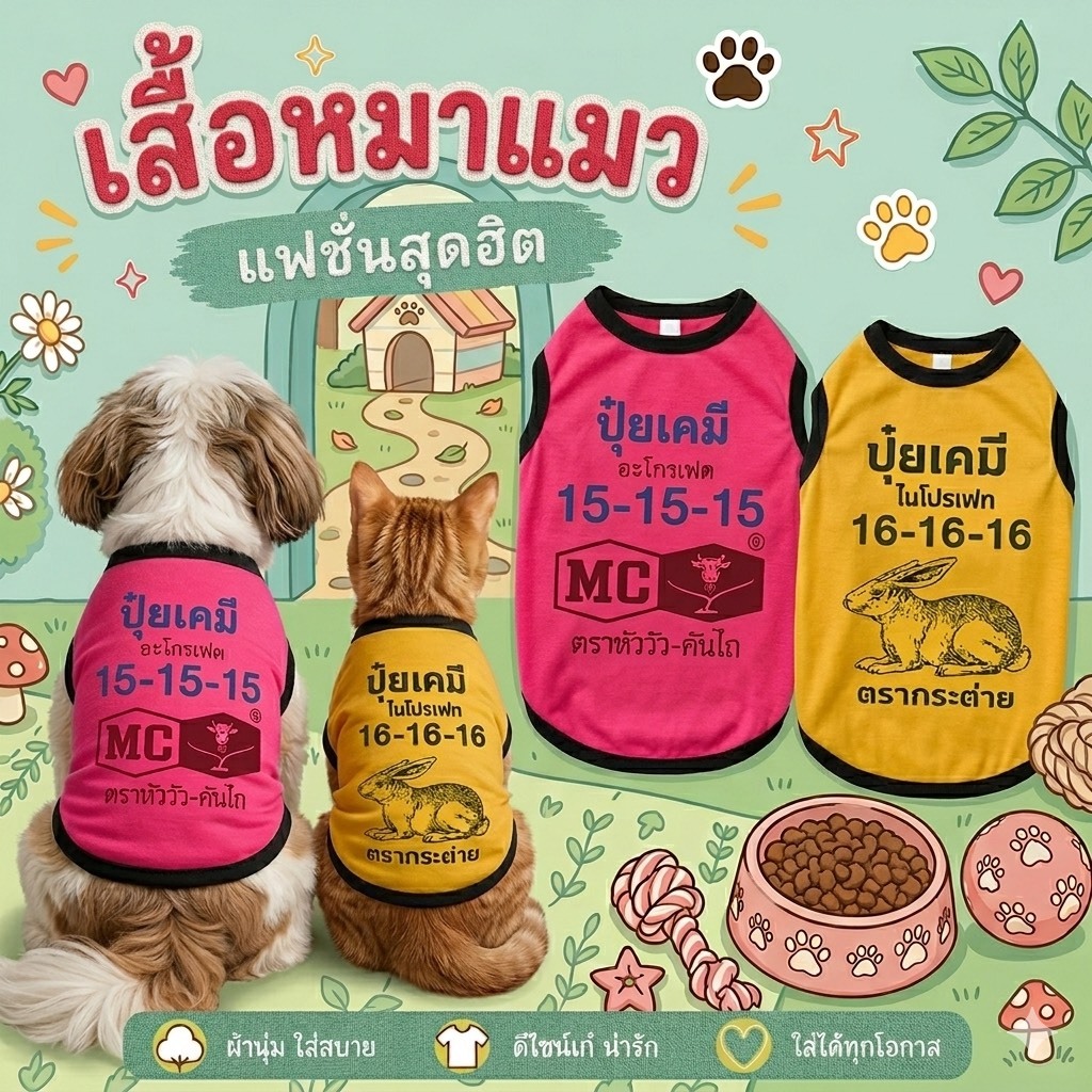 เสื้อยืดลายปุ๋ย สีสันสดใส สำหรับน้องหมาน้องแมว พร้อมส่ง **กรุณาเช็คขนาดเสื้อก่อนกดสั่งนะคะ