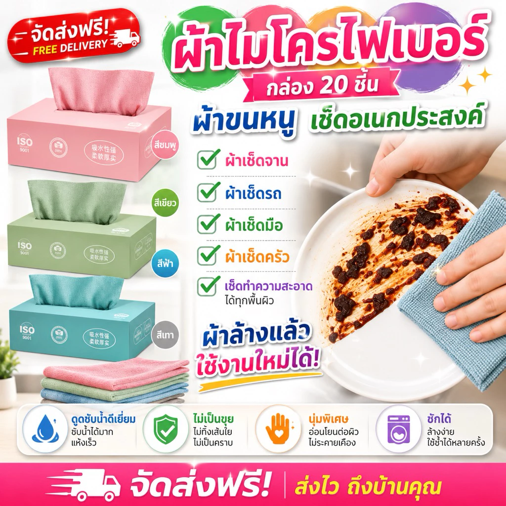 365mallshop(M068)ผ้าไมโครไฟเบอร์ “กล่อง 20 ชิ้น”*ราคาต่อ1กล่อง*ผ้าเช็ดอเนกประสงค์ ผ้าเช็ดของ