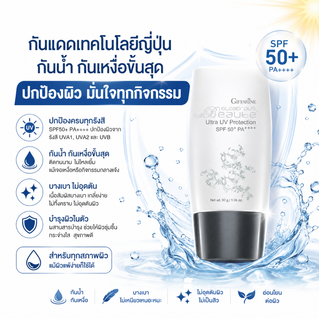 กิฟฟารีน กลามอรัส บูเต้ อัลตร้า ยูวี โพรเท็คชั่น SPF50+ PA++++ ครีมกันแดดทาหน้า Giffarine
