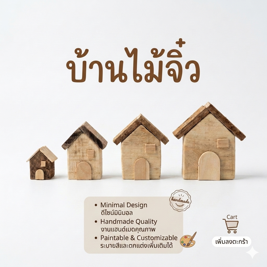 บ้านไม้จิ๋ว ของตกแต่งบ้าน พร๊อพถ่ายรูป งานแฮนด์เมด สไตล์มินิมอล นำไประบายสีตกแต่งเพิ่มเติมได้ งานไม้ดิบ