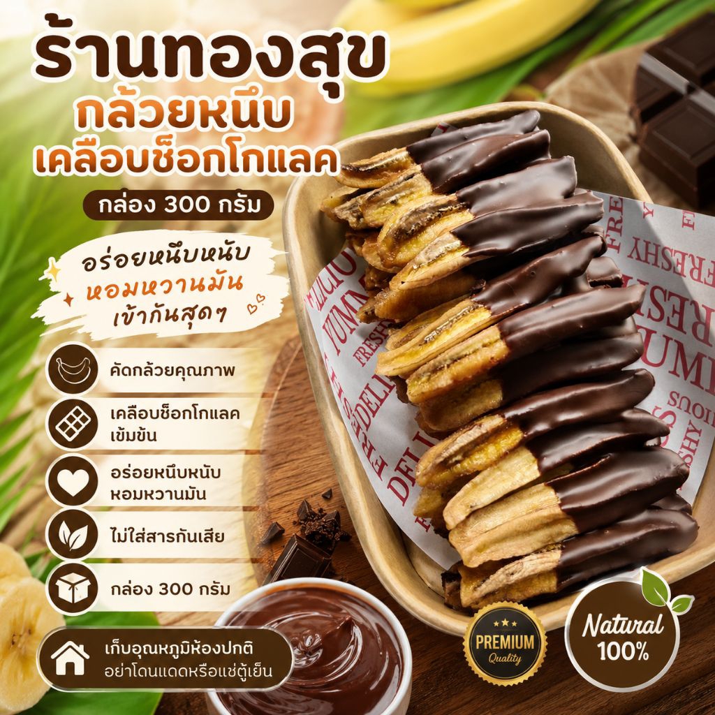 กล้วยสติ๊กเคลือบชอคโกแลต 300กรัม กล้วยน้ำว้าอบเคลือบช็อคโกแลต หอมหวานมันอร่อย เคี้ยวเพลินทุกคำ