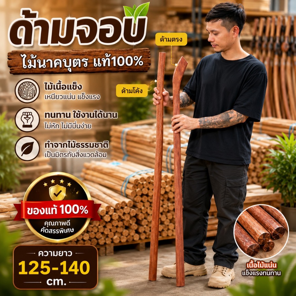 ด้ามจอบ ด้ามจอบไม้เนื้อแข็ง ไม้นาคบุตร ด้ามจอบตรง ด้ามจอบโค้ง ยาว 120-140 เซนติเมตร