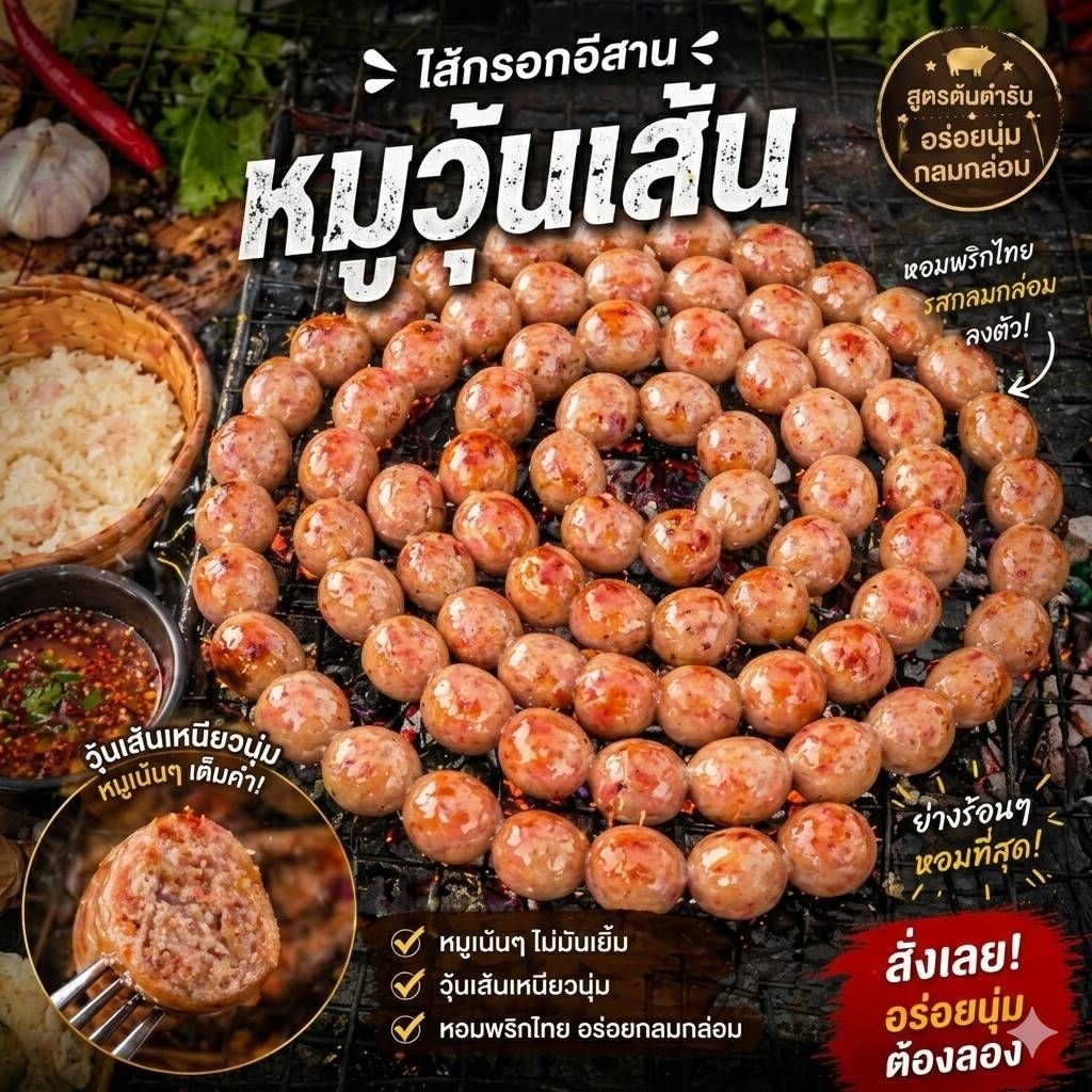ไส้กรอกอีสานหมูวุ้นเส้น สูตรกลมกล่อมหอมพริกไทย (รสเปรี้ยวอ่อนกำลังนัวเมื่อถึงมือ)วุ้นเส้นเหนียวนุ่ม หมูเน้นๆ ไม่มันเยิ้ม