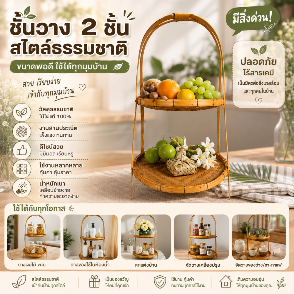 ชั้นวางขนม ชั้นสานไม้ไผ่ จัดเบรค ชั้นวางอาหาร โชว์สินค้า บน 10 นิ้ว ล่าง 12 นิ้ว (ส่งทันที)