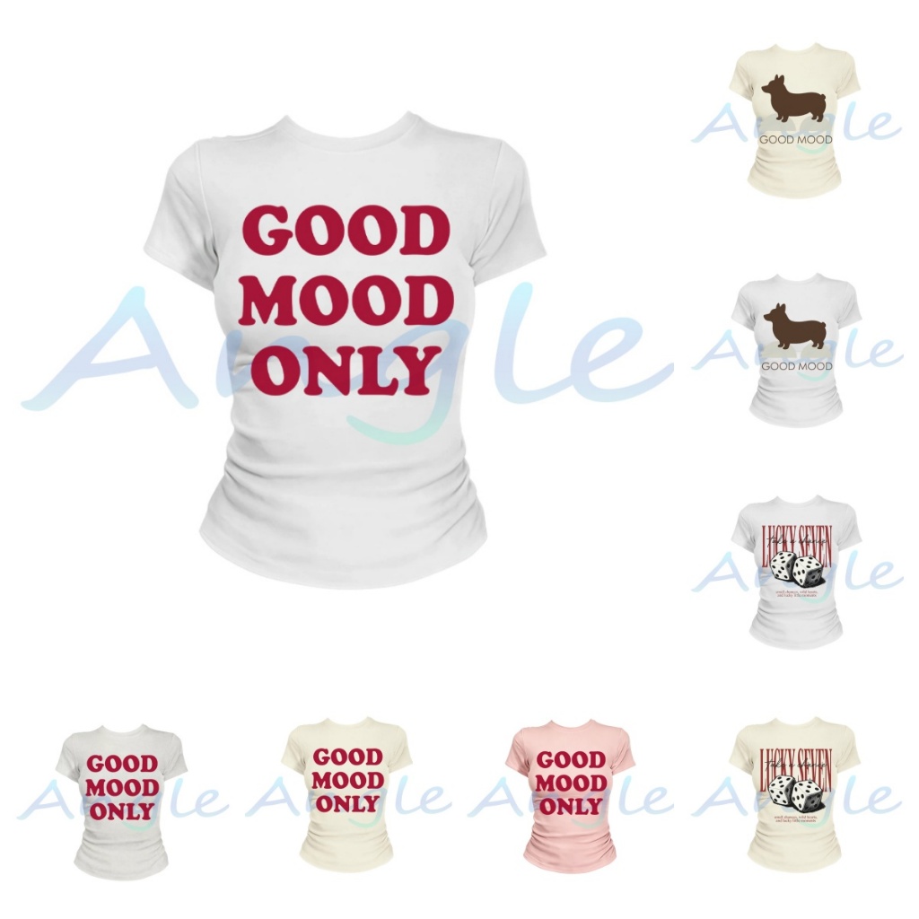 （COD）เสื้อยืดผู้หญิงผ้ายืด GOOD MOOD ONLY เสื้อเข้ารูปแขนสั้น สไตล์เกาหลี Y2K ผ้าคอตตอนนุ่ม ใส่สบาย OOTD คาเฟ่