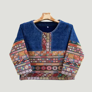 เสื้อใบปอผ้าฝ้ายชินมัยสโตนวอช คอกลมแขนยาวแต่งผ้าทอลายอาข่า สไตล์พื้นเมือง ใส่สบาย มีขนาด 36-44 นิ้ว