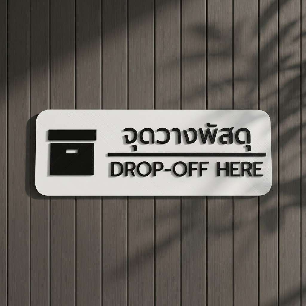 ป้ายวางพัสดุ DROP-OFF HERE งาน 3D พิมพ์สามมิติ อักษรนูนชัดเจน น้ำหนักเบา แข็งแรง ทนทาน ติดตั้งง่าย