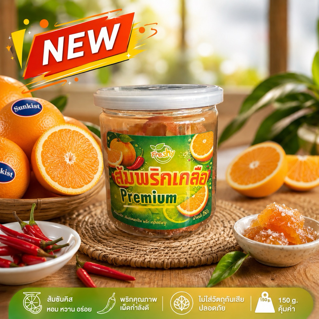 Freshy ส้มอบแห้งคลุกพริกเกลือชมพู  รสชาติกลมกล่อม หวานอมเปรี้ยว เค็มนิด เผ็ดหน่อย อร่อยลงตัว