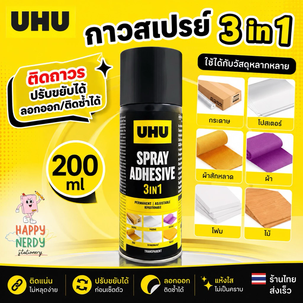 UHU ยู้ฮู กาวสเปรย์ 3 IN 1 200 มล. ติดแน่น ปรับขยับได้ ลอกลอกติดซ้ำได้