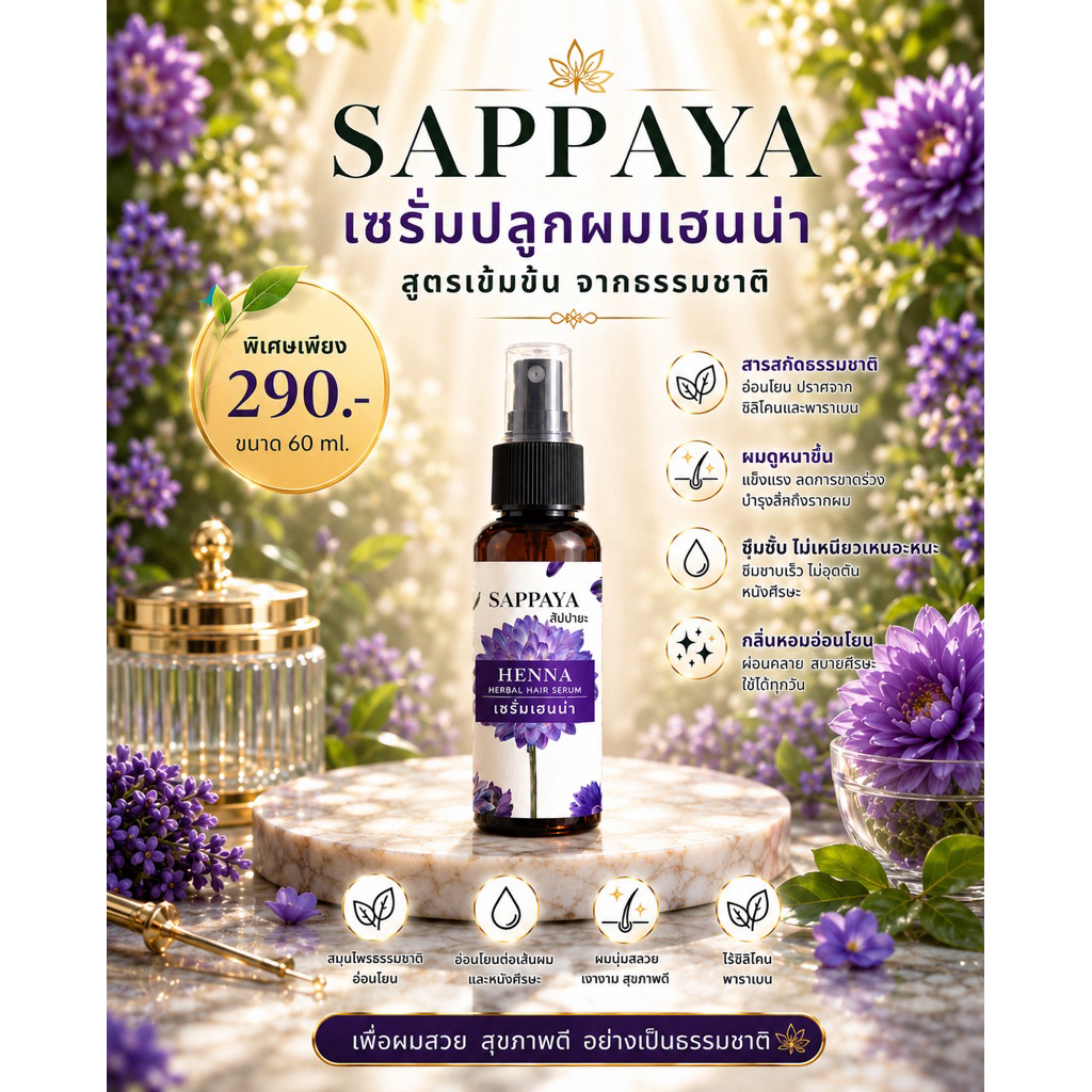 เซรั่มปลูกผมสัปปายะ-ลดผมหงอก-สูตรเฮนน่าใบคราม-ลดผมร่วง กระตุ้นการเกิดของผมใหม่-ปรับผมให้หนาดกดำ ลดผมขาว