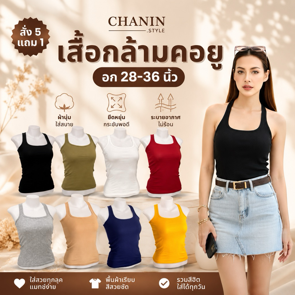 เสื้อกล้ามคอยู เต็มตัว ผ้ายืด ทรงสวย ใส่ซับในได้ พร้อมส่ง มีปลายทาง