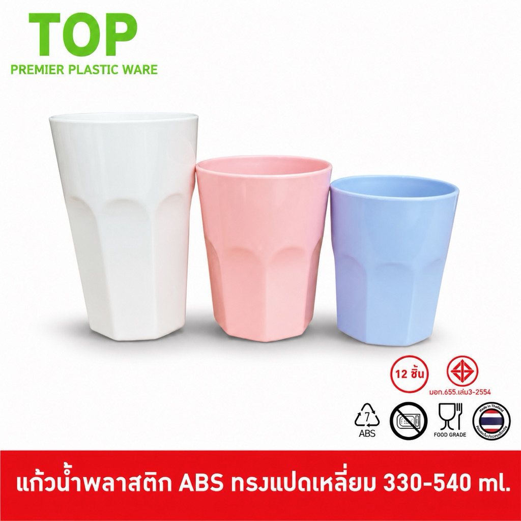 TOP [12 ใบ] แก้วน้ำพลาสติกแตก ABS ตกไม่แตกสีสวยแนวมินิมอลทรง 8 เหลี่ยม ขนาด 300-540 ml.