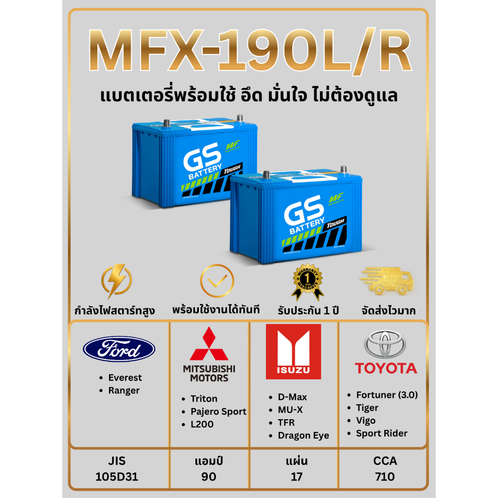 แบตเตอรี่ GS MFX-190L,190R 12V 90แอมป์ พร้อมใช้งานทันที ไม่ต้องเติมน้ำกลั่น (แถมฟรี กันขี้เกลือ 1 ชุ